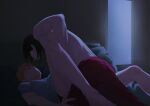  2boys absurdres black_hair black_male_underwear boxer_briefs boy_on_top brown_eyes caheoarts closed_mouth commentary covered_pectorals english_commentary face-to-face grey_shirt haikyuu!! highres hinata_shouyou indoors kozume_kenma lying male_focus male_underwear multiple_boys night on_back on_bed orange_hair pants pectorals red_pants shirt t-shirt topless_male track_pants twitter_username underwear window yaoi 