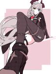  1girl absurdres asymmetrical_bodysuit black_horns blue_eyes breasts closed_mouth commentary eldreda_sunbringer english_commentary expressionless feet foot_focus foreshortening grey_hair hair_between_eyes heterochromia highres horns large_breasts long_hair looking_at_viewer mashaer multiple_girls single_leg_bodysuit sitting solo yellow_eyes zenless_zone_zero 