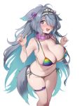  1girl @_@ absurdres alternate_costume animal_collar animal_ears antenna_hair aqua_hair armpit_crease bare_shoulders belly bikini blush breasts cat_ears cat_girl cat_tail character_print collar colored_inner_hair comdost cowboy_shot ears_down frilled_hairband frills furrowed_brow grey_hair hair_intakes hair_over_one_eye hairband hands_up highres indie_virtual_youtuber large_breasts long_hair looking_at_viewer maid_headdress menace_mamaki messy_hair micro_bikini mole mole_on_breast multicolored_hair my_little_pony my_little_pony:_friendship_is_magic navel open_mouth pink_collar pink_ribbon print_bikini purple_eyes rainbow_bikini rainbow_dash ribbon side-tie_bikini_bottom simple_background skindentation solo spaghetti_strap sweatdrop swept_bangs swimsuit tail thigh_strap virtual_youtuber white_background 