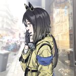  1girl animal_ears belt black_belt black_gloves black_hair bright_pupils candy coat collared_shirt commentary ear_covers food food_in_mouth from_side gloves goggles goggles_around_neck hand_to_own_mouth highres holding hood hood_down horse_ears horse_girl kumunatsu lollipop lollipop_in_mouth long_hair looking_at_viewer photo_background purple_eyes shirt solo stay_gold_(sunlit_outsider)_(umamusume) stay_gold_(umamusume) torn_clothes torn_coat torn_hood torn_sleeves umamusume upper_body white_pupils white_shirt wrist_belt yellow_coat 