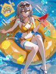  1boy 1girl absurdres alternate_costume aventurine_(honkai:_star_rail) bikini blonde_hair blue_eyes blue_nails blue_sandals bracelet breasts chibi chibi_inset commentary earrings eyewear_on_head food fruit grey_hair highres holding holding_food holding_fruit honkai:_star_rail honkai_(series) jewelry long_hair looking_at_viewer multicolored_eyes navel on_innertube purple_eyes sandals stelle_(honkai:_star_rail) sunglasses sw_chestnut swimsuit thigh_strap trailblazer_(honkai:_star_rail) translated v watermelon watermelon_slice yellow_bikini yellow_eyes 