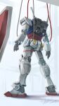  back cable character_name commentary_request earth_federation gundam hangar highres mecha mecha_focus mobile_suit mobile_suit_gundam no_humans realistic robot rx-78-2_gundam science_fiction serike_w shield signature solo spacecraft_interior thrusters v-fin 