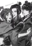  3girls avatar:_the_last_airbender avatar_legends azula blush chinese_commentary commentary_request cropped_shirt double_bun expressionless from_side greyscale group_hug hair_bun highres hug looking_at_viewer mai_(avatar) midriff monochrome multiple_girls parted_lips ponytail robe sidelocks single_hair_bun smile tu_ming twitter_username ty_lee v-shaped_eyebrows wide_sleeves 