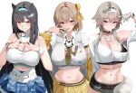  3girls ahoge anis_(nikke) anis_(star)_(t.t._star)_(nikke) aqua_headband belt black_choker black_nails black_sports_bra blue_eyes blue_skirt bow bracelet breasts brown_hair cat_necklace cat_ornament choker cleavage cleavage_cutout clothing_cutout collarbone crop_top cropped_shirt english_text finger_heart fingerless_gloves fish_hair_ornament gloves goddess_of_victory:_nikke green_eyes green_shorts hair_ears hair_intakes hair_ornament headband headset highres idol jacket jewelry large_breasts long_hair long_sleeves looking_at_viewer midriff mint_(nikke) mole mole_on_stomach mole_under_eye multiple_bracelets multiple_girls nail_polish navel necktie off_shoulder official_alternate_costume plaid_bow plaid_clothes plaid_necktie prika_(nikke) revision shirt short_hair short_shorts shorts silver_gloves silver_nails simple_background skirt sleeveless smile sports_bra star-shaped_pupils star_(symbol) symbol-shaped_pupils t.t._star_(nikke) teeth v white_background white_belt white_headband white_shirt yellow_jacket yellow_necktie yellow_skirt ziroqon 