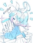  1girl :d arm_up arona_(blue_archive) blue_archive blue_shirt blush braid calligraphy_brush closed_eyes commentary_request desk envelope guriin hair_over_one_eye hair_over_shoulder hair_ribbon hairband halo highres holding holding_calligraphy_brush holding_paintbrush long_sleeves manila_envelope multicolored_hair notice_lines paintbrush pink_hair pleated_skirt puffy_long_sleeves puffy_sleeves ribbon sailor_collar school_desk shirt skirt smile solo streaked_hair translation_request two-tone_hair white_background white_hairband white_ribbon white_sailor_collar white_skirt 