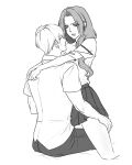  1boy 1girl absurdres alternate_costume assertive_female bkg0303 bleach bra_strap closed_eyes commentary_request greyscale highres ichimaru_gin kneeling lips matsumoto_rangiku miniskirt mole mole_under_mouth monochrome off_shoulder pleated_skirt school_uniform skirt smile straddling strap_slip sweatdrop upright_straddle 