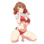  1girl ahoge bikini breasts brown_eyes brown_hair closed_mouth clothes_lift commentary_request front-tie_bikini_top front-tie_top full_body gakuen_idolmaster hanami_ume idolmaster large_breasts lifting_own_clothes looking_at_viewer medium_hair navel pan_(ryu) red_bikini shirt shirt_lift side-tie_bikini_bottom simple_background smile solo squatting stomach swimsuit white_background white_shirt 