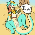  anthro armor blue_eyes blue_scales bottomless clothed clothing desert english_text female lizard looking_at_viewer miura orange_scales presenting presenting_pussy pussy reptile sand scales scalie solo spread_legs spreading text trout_(artist) water 