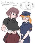  2girls :< abs bandaged_hand bandages black_shirt blue_eyes blue_hat blue_pants blue_shirt blunt_bangs blush breasts brown_hair cigarette closed_eyes clothes_lift commentary constricted_pupils embarrassed female_pubic_hair fluffkaiser fluffy_hair groin hat high-waist_pants highres hooligan_(fluffkaiser) imagining licking licking_stomach lifting_own_clothes long_hair looking_at_another medium_breasts medium_hair miniskirt multiple_girls navel orange_hair original pants peaked_cap pleated_skirt police police_of_russia police_uniform policewoman policewoman_(fluffkaiser) polo_shirt ponytail pubic_hair red_skirt russian_commentary russian_text scar scar_on_cheek scar_on_face shirt shirt_lift short_sleeves sidelocks skirt smile smoking swept_bangs watch white_background wristwatch yuri 