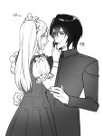  1boy 1girl bkg0303 bleach candy chocolate commentary_request dress feeding food food_on_face gakuran greyscale heart heart-shaped_chocolate heart-shaped_food hetero highres inoue_orihime korean_commentary korean_text long_dress long_hair maid_headdress monochrome puffy_short_sleeves puffy_sleeves school_uniform short_sleeves sweat translation_request ulquiorra_cifer 