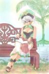  1girl afuranoru anklet bangle black_hat black_shirt blue_eyes book bow bracelet breasts cleavage cleavage_cutout clothing_cutout commentary_request danevelu dark-skinned_female dark_skin earrings glasses gold_trim green_hat green_shirt grey_hair hair_bow hat highres jewelry large_breasts multicolored_hat multicolored_shirt on_bench open_book reading sandals shinrabanshou shirt short_hair sitting skirt solo waist_ribbon white_bow white_skirt 