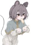  1girl absurdres animal_ears bloomers blue_capelet capelet commentary food food_in_mouth grey_hair hair_between_eyes highres long_sleeves medium_hair melting mouse_ears mouse_girl mouse_tail mouth_hold navel nazrin popsicle popsicle_in_mouth red_eyes sexually_suggestive shirt short_hair simple_background solo sunnyagi906 tail touhou white_background white_bloomers white_shirt 