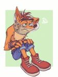  1boy bandicoot_boy blue_pants closed_mouth commentary_request crash_bandicoot crash_bandicoot_(series) furry furry_male iceseabed looking_to_the_side looking_up male_focus orange_fur pants pet_cone red_hair red_shoes shoes sitting squiggle 