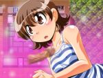  1boy 1girl azukino_anko_(manjuverunu) blush_stickers breasts brown_eyes brown_hair camisole censored collarbone covered_nipples game_asset game_screenshot_background gradient_background looking_up manjuverunu_no_sen_otome mosaic_censoring non-web_source official_art parted_lips penis screenshot_background self-datamine siubomanjyu small_breasts striped_camisole upper_body variant_set visual_novel_cg 