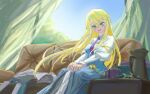  araminami blonde_hair blue_dress breasts commentary couch curtains dress green_eyes hand_on_own_knee highres kettle long_hair long_sleeves looking_down necktie open_mouth rance_(series) rance_x sheila_helman sitting smile very_long_hair 