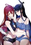  2girls absurdres ahoge bikini black_bikini black_hair black_horns blue_bikini blue_hair bouquet breasts carternanmen cleavage cleavage_cutout clothing_cutout colored_inner_hair demon_horns elizabeth_rose_bloodflame highres holding holding_bouquet hololive hololive_english horns large_breasts long_hair looking_at_another mole mole_under_eye multicolored_hair multiple_girls nerissa_ravencroft red_eyes red_hair swimsuit very_long_hair virtual_youtuber yuri 
