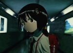  1girl backpack bag black_hair black_necktie blurry blurry_background closed_mouth collared_shirt commentary_request hair_ornament hairclip highres indoors kaai_yuki looking_at_viewer nanka_iibasho_(vocaloid) necktie photo_background randoseru shannon_gohan shirt short_hair short_twintails solo twintails upper_body vocaloid white_shirt x_hair_ornament yellow_eyes 