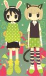  2girls animal_ears arms_at_sides bandaged_arm bandages black_hair black_skirt black_vest blonde_hair cat_ears cat_tail fake_animal_ears full_body green_shirt green_skirt highres long_sleeves miniskirt multiple_girls original pleated_skirt rabbit_ears shirt short_hair short_sleeves skirt standing straight-on striped_clothes striped_thighhighs tail thighhighs tiantokot vest 