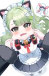  @_@ animal_ear_hairband animal_ears aria_(robot)_(zenless_zone_zero) aria_(zenless_zone_zero) bag bell black_dress black_sclera blush cat_ear_hairband cat_ears cheek_pull colored_sclera dress fake_animal_ears from_above green_eyes green_hair hair_ornament hairband hands_on_another's_cheeks hands_on_another's_face highres humanoid_robot looking_at_viewer maid maid_headdress multiple_girls nangong_yu neck_bell nekoto_728 official_alternate_costume open_mouth pink_hair red_bag robot robot_girl simple_background speech_bubble sunna_(afternoon_tea_break)_(zenless_zone_zero) sunna_(zenless_zone_zero) white_background zenless_zone_zero 