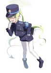  1girl :d armband bag blue_archive blue_armband blue_boots blue_shirt blue_shorts boots buttons commentary_request demon_tail double-breasted earrings fang full_body gloves green_hair green_halo hair_between_eyes halo hand_on_own_hip hand_to_own_mouth hand_up hat high_collar highres holding holding_tablet_pc jewelry long_hair long_sleeves looking_at_viewer nozomi_(blue_archive) open_mouth pantyhose peaked_cap pointy_ears revision shirt shorts shoulder_bag sidelocks simple_background skin_fang smile solo tablet_pc tail twintails twitter_username whistle white_background white_gloves white_pantyhose yellow_eyes ziroqon 
