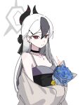  1girl absurdres black_choker black_dress black_hair black_horns blue_archive bouquet choker closed_mouth collarbone commentary_request demon_horns dress ear_piercing earrings grey_jacket hair_between_eyes halo highres holding holding_bouquet horns jacket jewelry kayoko_(blue_archive) kayoko_(dress)_(blue_archive) kyurosuku long_hair long_sleeves looking_at_viewer mole mole_on_neck multicolored_hair piercing red_eyes simple_background smile solo two-tone_hair white_background white_hair 