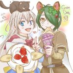  1boy 1girl animal_ears animal_on_head arch_bishop_(ragnarok_online) bard_(ragnarok_online) black_cat blue_dress blue_eyes brown_cape brown_shirt cape cat cat_on_head closed_mouth clover_hair_ornament commentary_request crepe dated dress eating food four-leaf_clover_hair_ornament fuhka green_hair grey_hair hair_ornament hair_over_one_eye heart holding holding_crepe holding_food long_hair long_sleeves looking_at_viewer lowres on_head open_mouth ragnarok_online shirt short_hair smile upper_body white_background yellow_eyes 