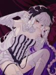  1girl absurdres bare_shoulders black_eyes black_ribbon blush braid breasts cleavage curtains cushion dress dutch_angle elbow_gloves eyelashes fate/strange_fake fate_(series) francesca_prelati_(fate) frills garter_straps gloves hair_ribbon highres indoors long_hair looking_at_viewer lying on_bed one_eye_closed ribbon seeledayo solo striped_clothes striped_dress thighhighs white_gloves white_hair white_thighhighs 