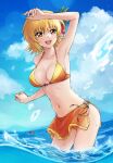  1girl armpits bikini blonde_hair blue_sky breasts cagalli_yula_athha cloud commentary_request flower front-tie_bikini_top front-tie_top gundam gundam_seed gundam_seed_freedom hair_flower hair_ornament highres midriff multicolored_bikini navel open_mouth orange_bikini shiro_kunugi short_hair side-tie_bikini_bottom sky swimsuit two-tone_bikini water wet yellow_bikini yellow_eyes z'gok_(seed) 