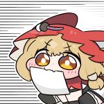  1girl animal_ears arknights arknights:_endfield beleullin black_gloves blonde_hair chibi chibi_only commentary_request fang gloves highres hood korean_commentary rossi_(arknights) simple_background skin_fang solo wolf_ears wolf_girl yellow_eyes 