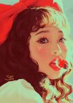  1girl absurdres artist_name black_eyes blush bow brown_hair chuu_(loona) food fork fruit hair_bow heart highres huge_bow k-pop long_hair looking_at_viewer loona_(group) portrait real_life realistic red_bow red_lips shirt sleepi_lizz solo strawberry white_shirt 
