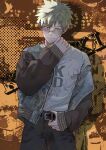  1boy absurdres artist_name bakugou_katsuki belt black_belt black_pants blonde_hair boku_no_hero_academia character_name closed_mouth commentary english_commentary glasses grey_shirt hand_on_belt hand_on_own_neck highres jacket koromo06418109 looking_at_viewer male_focus pairing_name pants red_eyes scar scar_on_face shirt solo standing unzipped 