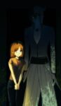  1boy 1girl absurdres aged_down bkg0303 bleach child green_eyes height_difference helmet highres hole_in_chest hole_on_body inoue_orihime medium_hair orange_eyes orange_hair pants pectoral_cleavage pectorals time_paradox ulquiorra_cifer white_pants 