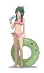  1girl alternate_costume barefoot bikini blue_eyes bow bracelet braid breasts commentary english_commentary food freckles frilled_bikini frills full_body green_bow green_hair hair_bow highres holding innertube jewelry kusuriya_no_hitorigoto legs long_hair looking_at_viewer maomao_(kusuriya_no_hitorigoto) nail_polish navel pink_bikini popsicle profnote red_bow shadow side-tie_bikini_bottom simple_background sketch small_breasts solo standing swim_ring swimsuit toenail_polish toenails twin_braids white_background 