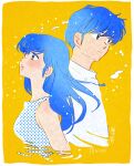  1boy 1girl absurdres artist_name blue_eyes blue_hair blue_polka_dots blush breasts copyright_name godai_yuusaku hair_between_eyes hair_flowing_over highres lipgloss long_hair looking_up maison_ikkoku medium_breasts miyuki_(hoshikuzumiyuki) orange_background otonashi_kyouko shirt short_hair short_sleeves signature simple_background white_shirt 