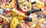  1girl :d ahoge animal_ear_hairband animal_ears arms_up black_jacket black_leotard black_pantyhose blonde_hair blurry blurry_background bow bowtie breasts buru-dai card casino cleavage commentary_request copyright_notice covered_navel crossed_bangs detached_collar double-parted_bangs fake_animal_ears fishnet_pantyhose fishnets hair_between_eyes hairband highleg highleg_leotard hololive horns indoors jacket lapels large_breasts leotard long_hair looking_at_viewer name_tag notched_lapels official_art open_mouth outstretched_arms pantyhose playboy_bunny playing_card poker_chip ponytail purple_eyes rabbit_ear_hairband rabbit_ears red_bow red_bowtie sheep_ears sheep_girl sheep_horns sheep_tail smile solo tail traditional_bowtie tsunomaki_watame very_long_hair virtual_youtuber watamate wrist_cuffs yellow_leotard 