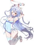  1girl alternate_costume animal_ear_fluff animal_ears armpits arms_up blue_hair braid breasts commentary covered_navel duplicate hair_ornament high_heels highres hololive jumping leotard long_hair looking_at_viewer mi_kamii2 navel one_eye_closed open_mouth pink_shoes rabbit_ears rabbit_girl rabbit_hair_ornament shoes simple_background smile solo thighhighs twin_braids usada_pekora virtual_youtuber white_background 