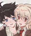  2boys :d akinashi_haru black_hair black_jacket blonde_hair blue_eyes brown_cardigan brown_sweater cardigan close-up collared_shirt commentary dress_shirt hair_between_eyes hand_on_another's_chin highres jacket long_sleeves looking_at_viewer male_focus multiple_boys necktie open_mouth origamibir2627 red_eyes red_necktie saihate_eki shirt short_hair smile straight-on suit_jacket sweatdrop sweater tatsunami_shion upper_body white_shirt 