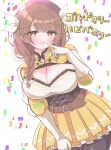  1girl asage_(asgsn) belt black_pantyhose blush braid breasts brown_belt brown_corset brown_eyes brown_hair cleavage cleavage_cutout clothing_cutout confetti corset dress finger_to_face fire_emblem fire_emblem_engage gloves goldmary_(fire_emblem) hair_ribbon hand_up highres large_breasts long_hair looking_at_viewer mole mole_on_breast open_mouth pantyhose ribbon skindentation smile solo thick_thighs thighs white_background white_gloves white_ribbon yellow_dress yellow_eyes 