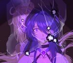  2girls acheron_(honkai:_star_rail) artist_name bare_shoulders black_choker c0quelic choker close-up collarbone commentary couple crack cracked_glass crossover dress english_commentary glowing glowing_eyes grey_hair hair_between_eyes hair_ornament hair_over_one_eye high_ponytail highres honkai:_star_rail honkai_(series) honkai_impact_3rd in-franchise_crossover japanese_clothes kiana_kaslana kiana_kaslana_(herrscher_of_finality) long_hair looking_at_viewer looking_to_the_side multicolored_hair multiple_girls parted_lips pink_lips ponytail purple_eyes purple_hair scared shade side_ahoge slit_pupils streaked_hair surprised teeth upper_body wide-eyed yuri 