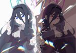  10matoo 2girls aris_(blue_archive) aris_(princess)_(blue_archive) ascot black_dress black_hair black_hairband blue_archive blue_eyes blue_halo bright_pupils broken_glass chromatic_aberration closed_mouth collared_dress commentary_request dark_persona different_reflection double-parted_bangs double_v dress dual_persona glass hair_between_eyes hairband halo hands_up highres light_persona long_hair long_hair_between_eyes long_sleeves looking_at_viewer loosely_tucked_bangs multiple_girls rectangular_halo red_eyes red_halo reflection ringed_eyes simple_background sleeve_cuffs smile split_mouth split_screen symmetry upper_body v white_ascot white_background white_pupils wing_collar 
