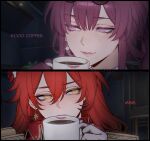  2girls close-up coffee commentary_request english_text epaulettes eyewear_on_head highres himeko_(honkai:_star_rail) himeko_(nova)_(honkai:_star_rail) honkai:_star_rail honkai_(series) kafka_(honkai:_star_rail) lipstick_mark_on_cup long_hair multiple_girls niviart purple_eyes purple_hair red_hair yellow_eyes yuri 