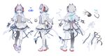  1girl absurdres adapted_costume alternate_color antennae arknights asymmetrical_legwear asymmetrical_pantyhose black_gloves black_pantyhose character_name chinese_commentary chinese_text commentary_request demon_girl demon_horns demon_tail fingerless_gloves full_body gloves grey_hair grey_shirt highres horns jacket mismatched_legwear multiple_views open_clothes open_jacket pantyhose pastel_colors red_eyes red_nails reference_sheet scar scar_on_arm scarf shirt shoes short_hair shuuyakikou simple_background skirt standing tail translated w_(arknights) white_background white_jacket white_pantyhose white_scarf white_shoes white_skirt 