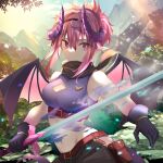  1girl black_gloves black_scarf breasts brown_shorts cleavage cleavage_cutout cliff closed_mouth clothing_cutout crop_top dragon_girl dragon_horns dragon_tail dragon_wings fire flaming_sword flaming_weapon food-themed_hair_ornament gloves grape_(vtuber) grape_hair_ornament hair_ornament highres holding holding_sword holding_weapon horns indie_virtual_youtuber kaze_minoru_so-ru midriff mountain navel outdoors pink_eyes pink_hair pointy_ears ponytail pouch purple_shirt purple_tail scarf shirt shorts sleeveless sleeveless_shirt solo sword tail tree virtual_youtuber water weapon wings 