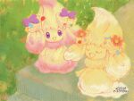  :d alcremie alcremie_(caramel_swirl) alcremie_(flower_sweet) alcremie_(ribbon_sweet) alcremie_(ruby_swirl) art_academy_(medium) closed_eyes commentary_request grass kiki_bombomknit musical_note open_mouth outdoors pokemon pokemon_(creature) pokemon_art_academy pokemon_focus purple_eyes smile 