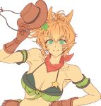  1girl animal_ears armband bandana bandeau bare_shoulders blue_eyes blush breasts brown_gloves brown_hair cleavage closed_mouth collarbone cowboy_hat gloves green_armband green_bandeau green_skirt hair_ornament hat holding holding_unworn_clothes holding_unworn_hat horse_ears horse_girl large_breasts long_hair looking_at_viewer midriff ponytail sheriff_badge simple_background skirt smile solo star_(symbol) star_hair_ornament taiki_shuttle_(umamusume) taiki_shuttle_(wild_frontier)_(umamusume) three_ree12 umamusume unworn_hat unworn_headwear white_background 