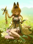  1girl absurdres animal_ears aphrissa_(arknights) arknights bare_shoulders blonde_hair bow braid brown_tail chinese_commentary commentary_request dappled_sunlight day detached_sleeves feet fingerless_gloves floating_hair flower full_body gloves green_bow green_gloves green_socks hair_bow highres holding holding_flower kynem0 long_hair long_sleeves looking_at_viewer open_mouth outdoors sitting skirt smile socks solo stylus sunlight tail thigh_strap toeless_legwear twin_braids white_flower white_skirt white_sleeves yellow_eyes 