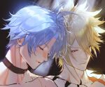  2boys antenna_hair artist_name black_background black_choker blonde_hair blue_hair blush choker closed_eyes closed_mouth collarbone commentary_request cracked_skin cropped_shoulders dual_persona hair_between_eyes highres honkai:_star_rail honkai_(series) i2wea_t leaning_on_person long_hair_between_eyes looking_at_another male_focus multiple_boys phainon_(honkai:_star_rail) phainon_(khaslana)_(honkai:_star_rail) selfcest short_hair simple_background teeth v-shaped_eyebrows yaoi yellow_eyes 