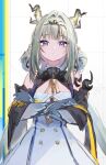 1girl absurdres arknights arknights:_endfield bare_shoulders black_gloves black_hair blue_eyes chinese_commentary closed_mouth colored_extremities commentary_request cowboy_shot crossed_arms detached_sleeves dress gloves green_hair grey_hair hair_intakes hairband highres horns long_hair long_sleeves looking_at_viewer multicolored_hair pointy_ears si_(arknights) sketch solo streaked_hair sylvia_(huajiuhuajiu) very_low_bun white_dress wide_sleeves 