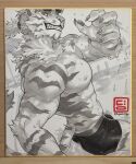  1boy abs animal_ears artist_logo artist_name bara biceps black_male_swimwear claws commentary_request dislyte dyeong eyewear_on_head fangs furry furry_male grin highres jin_qiu_(ru_shou)_(dislyte) jin_qiu_(ru_shou)_(wild_python)_(dislyte) logo looking_at_viewer male_focus male_swimwear monochrome muscular muscular_male nipples partially_colored pectorals smile sunglasses tail tiger_boy tiger_ears tiger_stripes tiger_tail topless_male yellow_eyes 