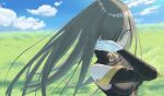  1girl bare_shoulders blue_eyes blue_sky brown_dress brown_hair brown_sleeves closed_mouth cloud cloudy_sky commentary detached_sleeves dress floating_hair from_side gloves grass hair_over_one_eye highres horizon long_hair looking_at_viewer nanakinaki outdoors sky solo tales_of_(series) tales_of_the_abyss tear_grants upper_body white_gloves 